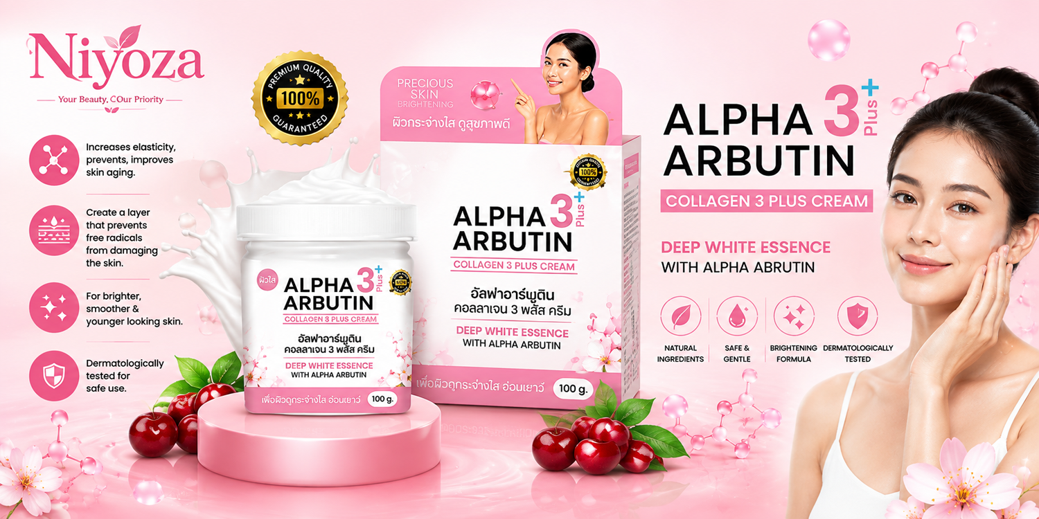Alpha arbutin collagen cream jar and box with a smiling woman