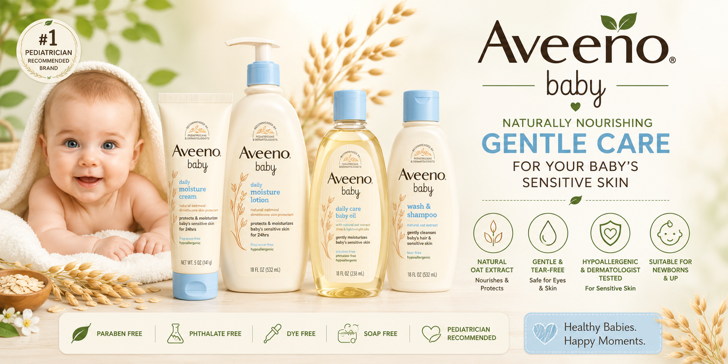 Aveeno baby skincare products with a cute baby and oat stalks