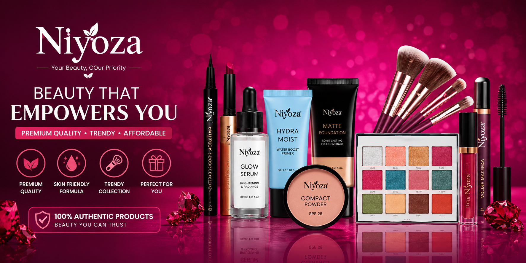 Collection of niyoza beauty makeup products on a dark pink background
