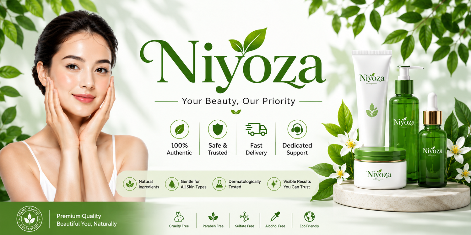 Niyoza skincare product set with a woman and green leaves background